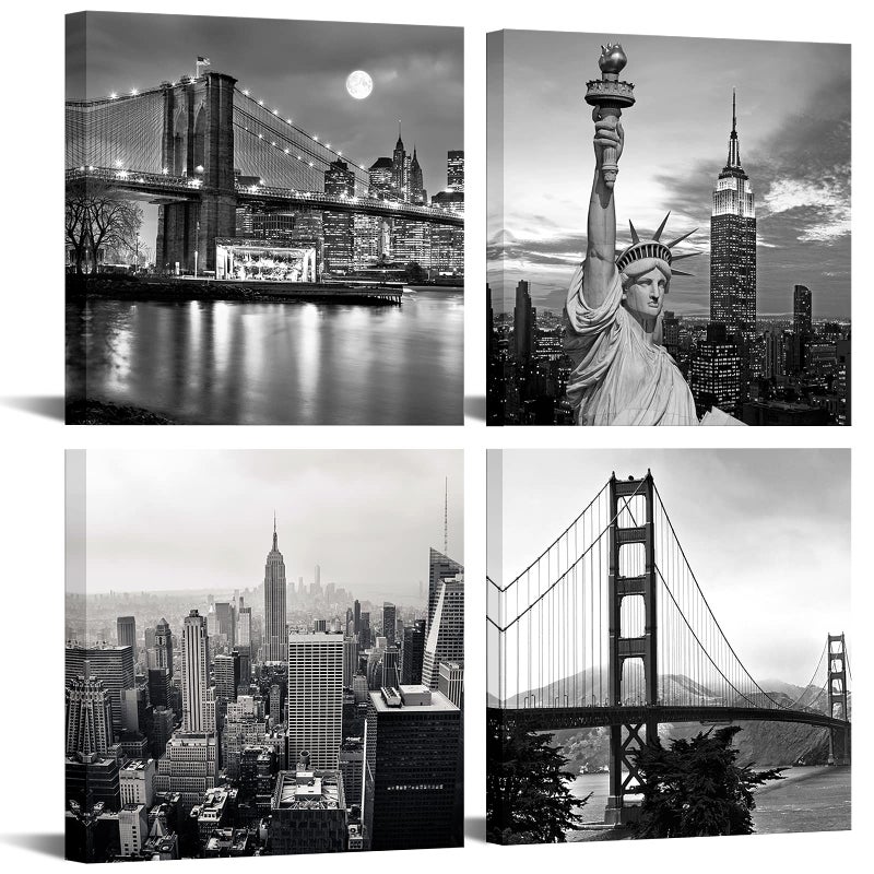 LevvArts Black and White City Wall Art Modern Brooklyn Bridge Picture Prints US Cityscape Canvas Artwork for Bedroom Home Decor - Image 1